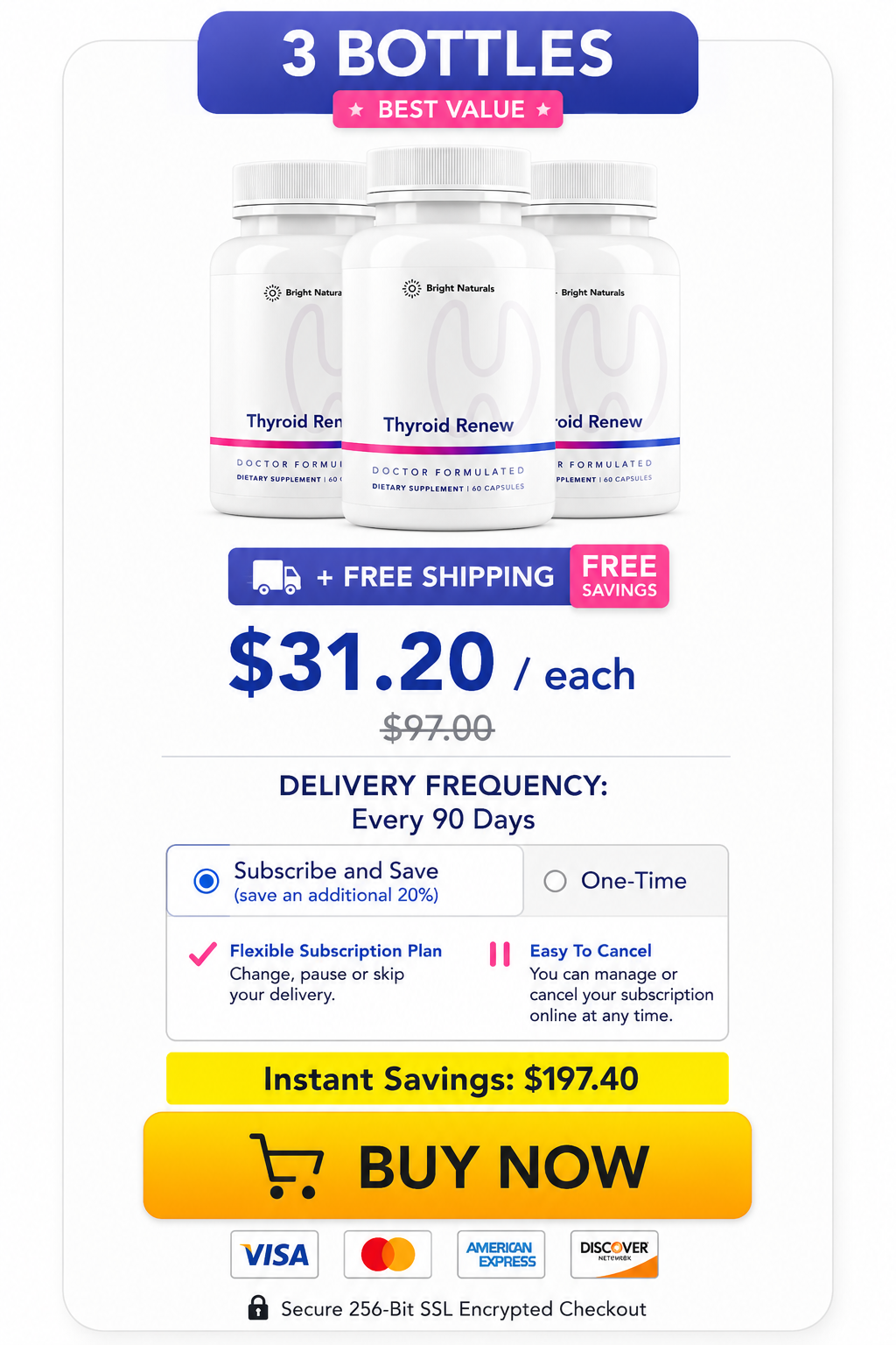 3 Bottles pricing option — $31.20 per bottle, best value